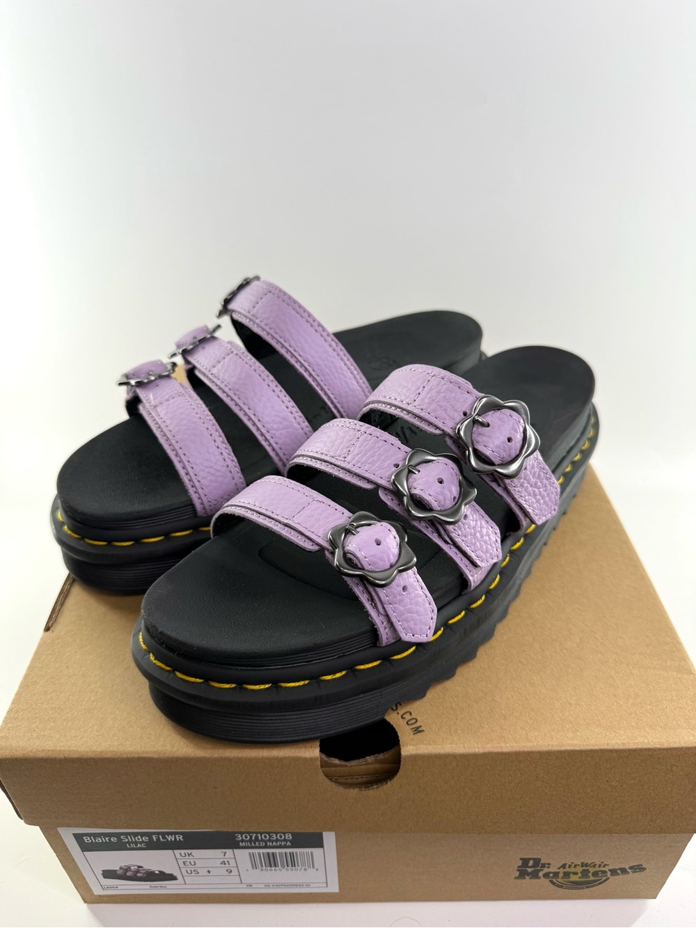 Dr. Martens Blaire Flower Triple-Strap Platform Slide Sandals Lilac 9
